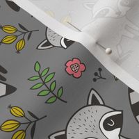 Raccoon with Leaves & Flowers on Dark Grey