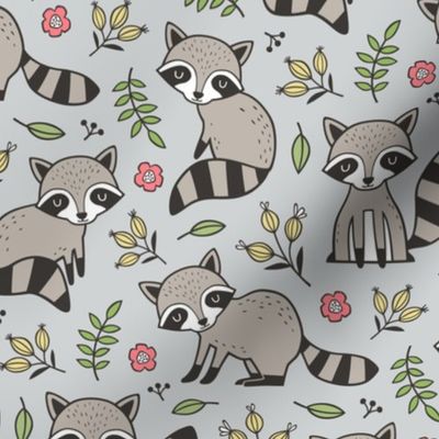 Raccoon with Leaves & Flowers on Light Grey