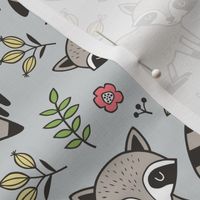 Raccoon with Leaves & Flowers on Light Grey