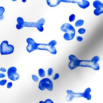 17-14H Dog Bone Paw Print Watercolor || Indigo blue royal white sky pet animal