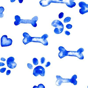 17-14H Dog Bone Paw Print Watercolor || Indigo blue royal white sky pet animal