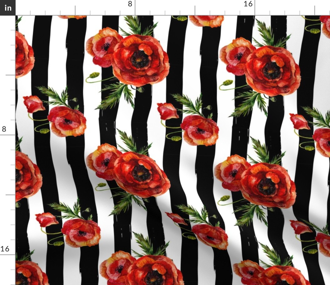 Rotated // Red Poppies on Black and White Stripes // Large