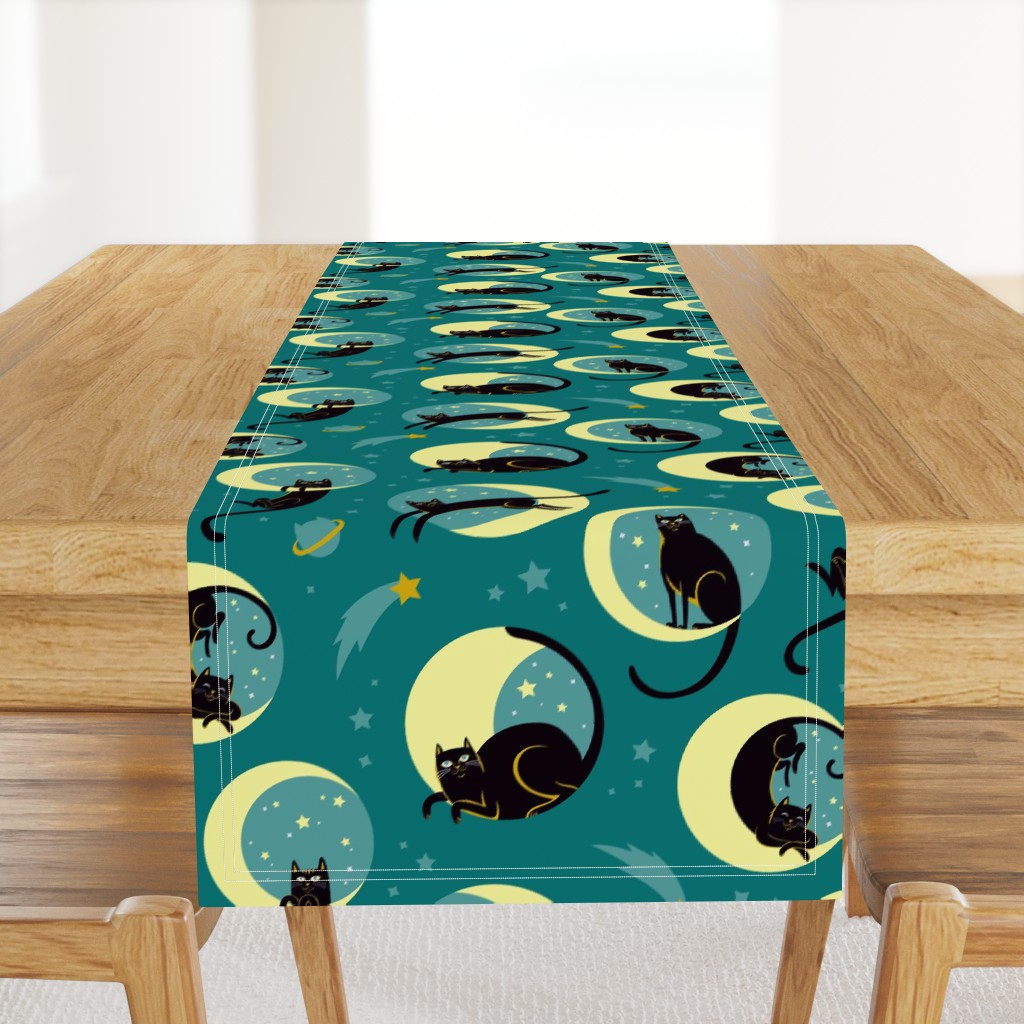 Moonlight Cats in Teal Sky