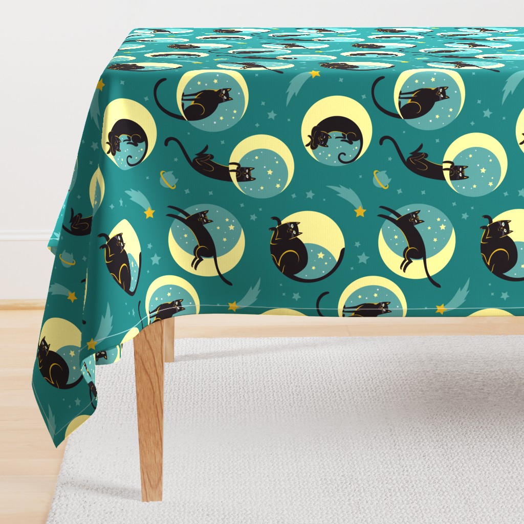 Moonlight Cats in Teal Sky