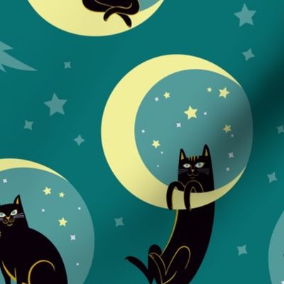 Moonlight Cats in Teal Sky