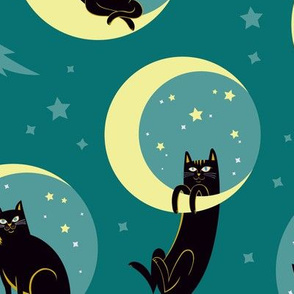 Moonlight Cats in Teal Sky