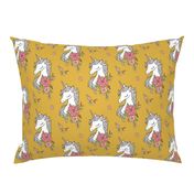 Dreamy Unicorn & Vintage Boho Flowers on Yellow Mustard