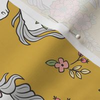 Dreamy Unicorn & Vintage Boho Flowers on Yellow Mustard