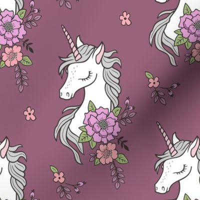 Dreamy Unicorn & Vintage Boho Flowers on Mauve 