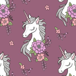 Dreamy Unicorn & Vintage Boho Flowers on Mauve 