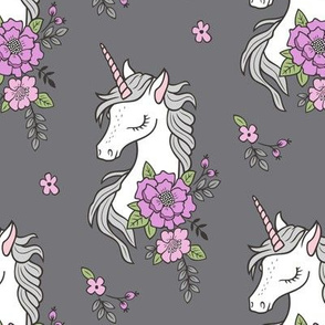 Dreamy Unicorn & Vintage Boho Purple Flowers on Dark Grey