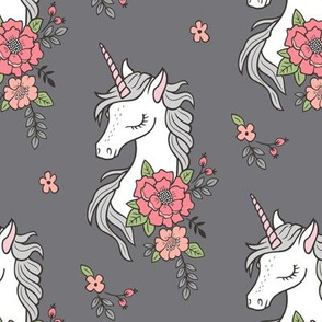 Dreamy Unicorn & Vintage Boho Pink Peach Flowers on Dark Grey