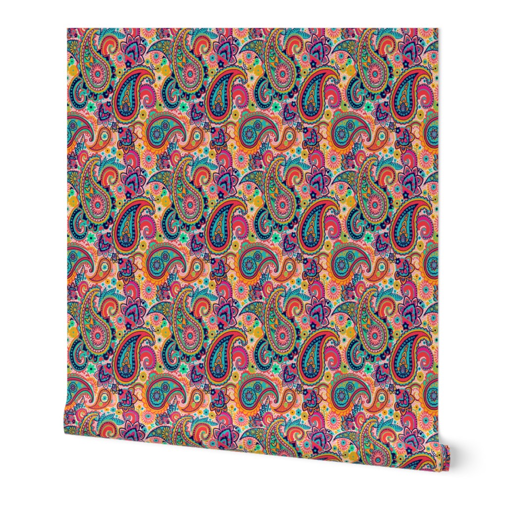 Multicolor Paisley Seamless Pattern on Orange