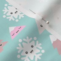 Kawaii love winter wonderland christmas trees and snow flakes cuteness japan lovers design green gender neutral