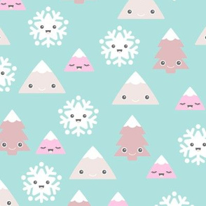 Kawaii love winter wonderland christmas trees and snow flakes cuteness japan lovers design green gender neutral