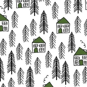 cabin fabric // forest fir tree forest trees black and white cute cabin green roof