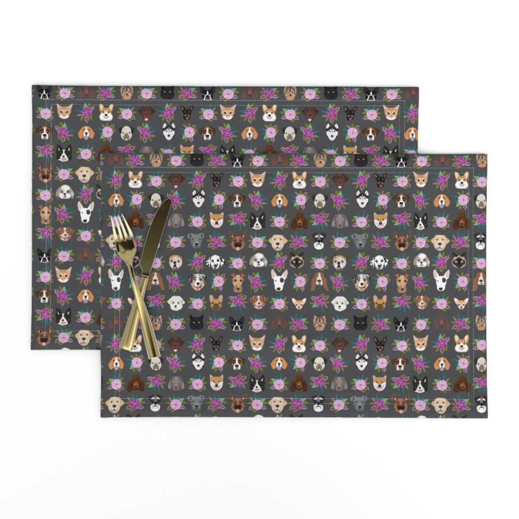 Dogs and Cats heads florals pet lover fabric pattern charcoal