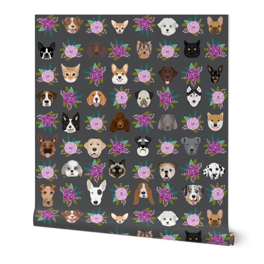 Dogs and Cats heads florals pet lover fabric pattern charcoal