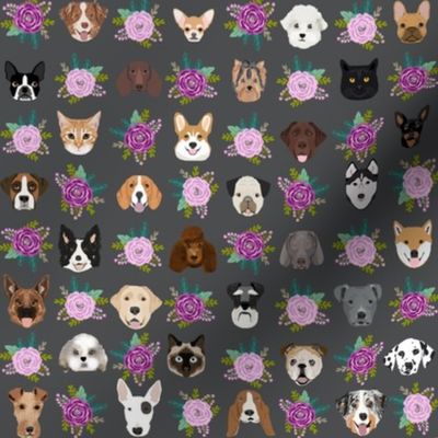 Dogs and Cats heads florals pet lover fabric pattern charcoal