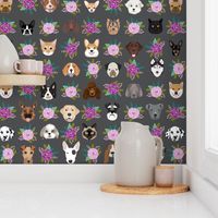 Dogs and Cats heads florals pet lover fabric pattern charcoal