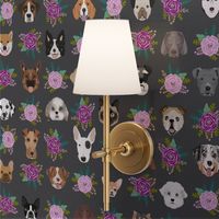 Dogs and Cats heads florals pet lover fabric pattern charcoal