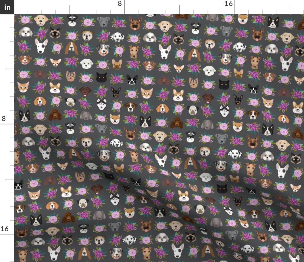 Dogs and Cats heads florals pet lover fabric pattern charcoal