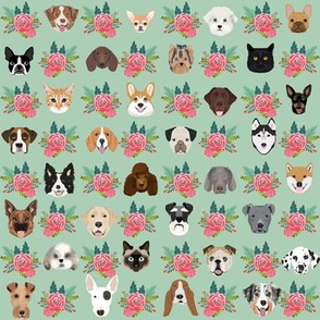 Dogs and Cats heads florals pet lover fabric pattern mint and pink