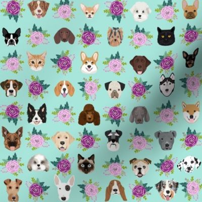 Dogs and Cats heads florals pet lover fabric pattern mint