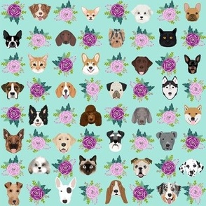 Dogs and Cats heads florals pet lover fabric pattern mint