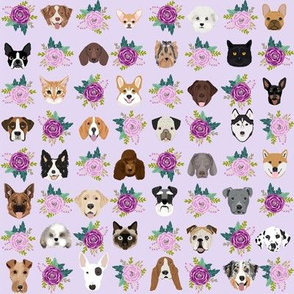 Dogs and Cats heads florals pet lover fabric pattern purple