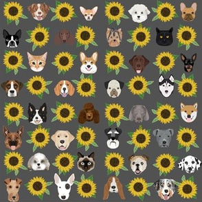 Dogs and Cats heads sunflower florals pet lover fabric pattern grey