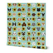 Dogs and Cats heads sunflower florals pet lover fabric pattern light mint