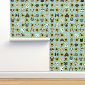 Dogs and Cats heads sunflower florals pet lover fabric pattern light mint