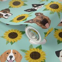 Dogs and Cats heads sunflower florals pet lover fabric pattern light mint