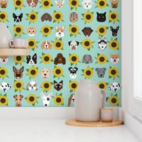 Dogs and Cats heads sunflower florals pet lover fabric pattern light mint