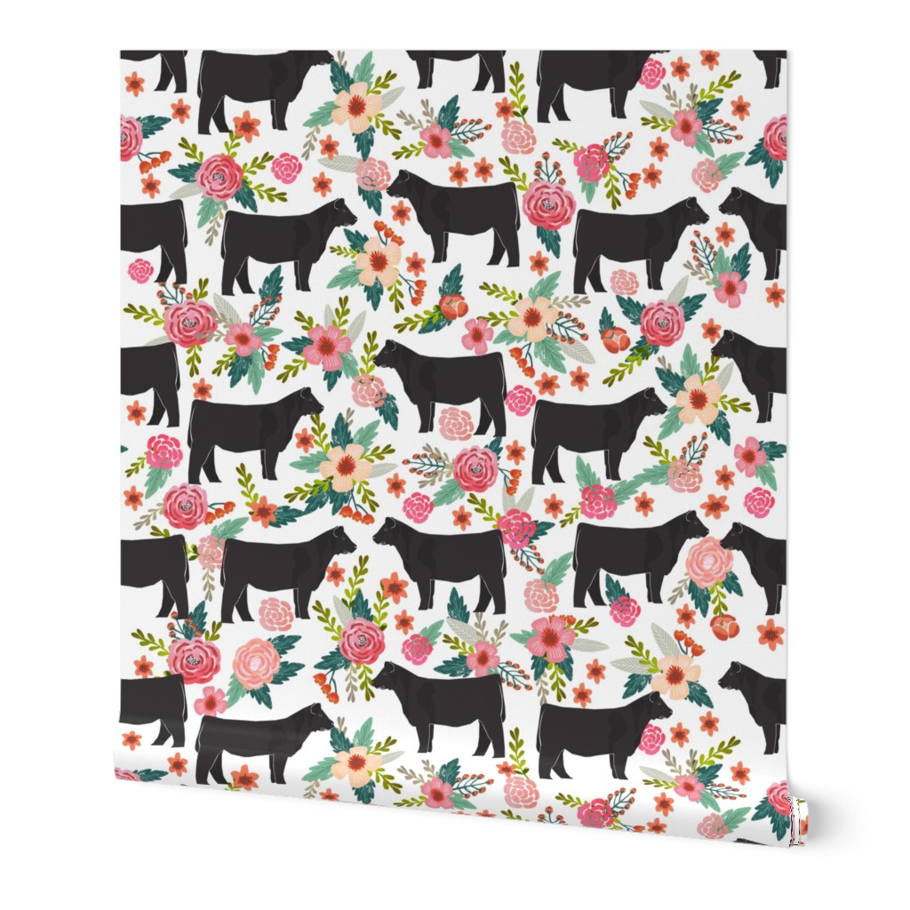 Show Steer cattle farm sanctuary florals animal fabric pattern white