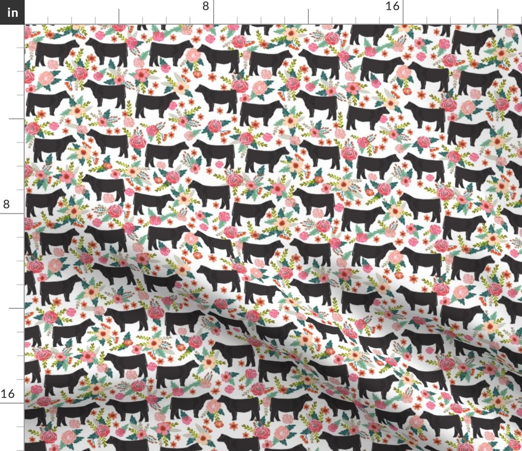 Show Steer cattle farm sanctuary florals animal fabric pattern white