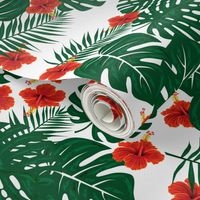 Tropical Hibiscus Flowers Monstera Palm Leaves