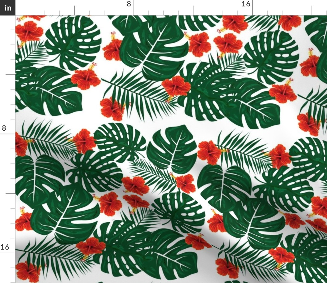 Tropical Hibiscus Flowers Monstera Palm Leaves