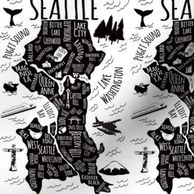 Seattle Illustrated Map in Black and White