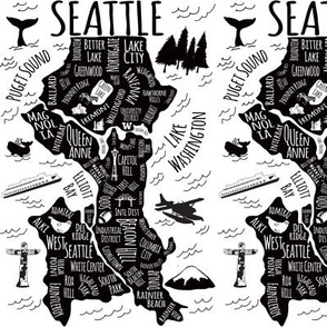 Seattle Illustrated Map in Black and White