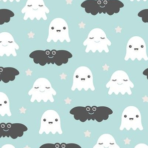 Kawaii love sweet ghosts and bats spooky halloween nights cuteness japan lovers design blue
