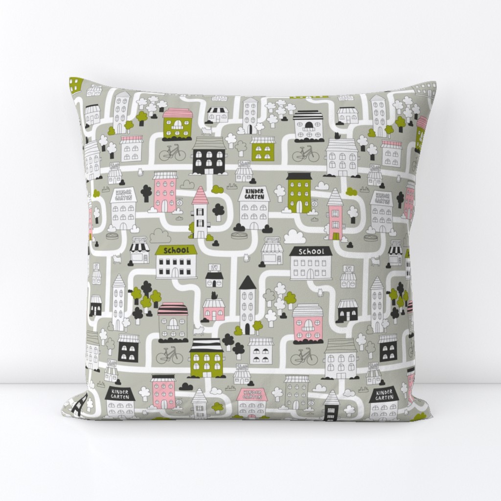 City Map. Cute funny town fabric design with adorable houses, cats, trees.