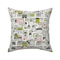 City Map. Cute funny town fabric design with adorable houses, cats, trees.