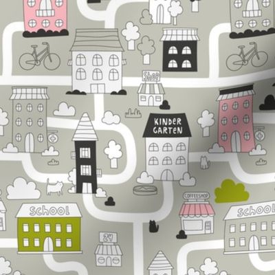 City Map. Cute funny town fabric design with adorable houses, cats, trees.