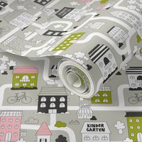 City Map. Cute funny town fabric design with adorable houses, cats, trees.