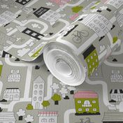 City Map. Cute funny town fabric design with adorable houses, cats, trees.