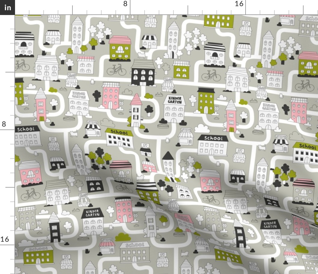 City Map. Cute funny town fabric design with adorable houses, cats, trees.