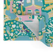 The secret map of unicorns village // turquoise background yellow suns pink & blue clouds indigo blue rain drops white snowflakes pastel rainbows 