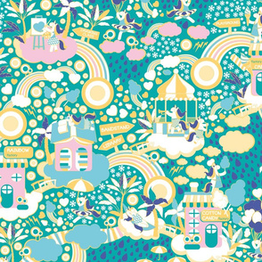 The secret map of unicorns village // turquoise background yellow suns pink & blue clouds indigo blue rain drops white snowflakes pastel rainbows 